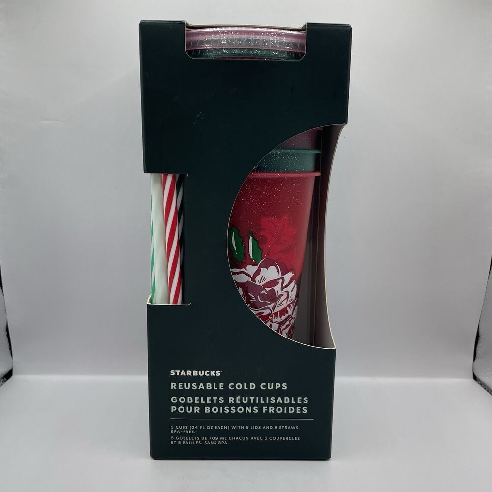 NEW Starbucks‎ Holiday 2022 Glitter Floral Reusable Cold Cups 5 Pack Venti 24oz